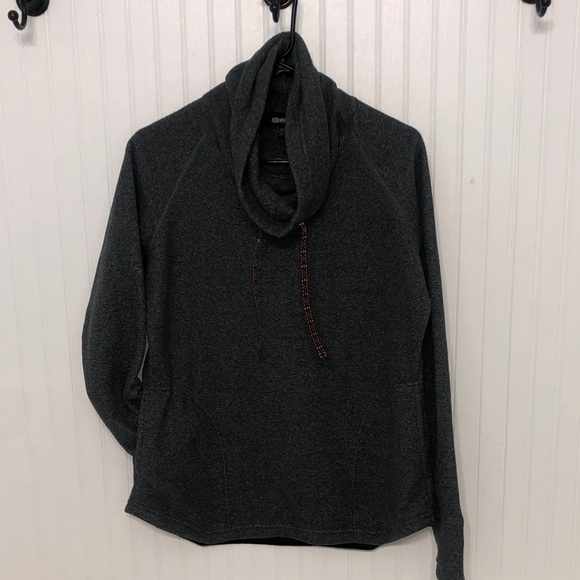 SHERPA Soft Fleece COWL NECK Gray Pullover POCKETS Thumb Holes Shirttail Hem EUC - Picture 2 of 5